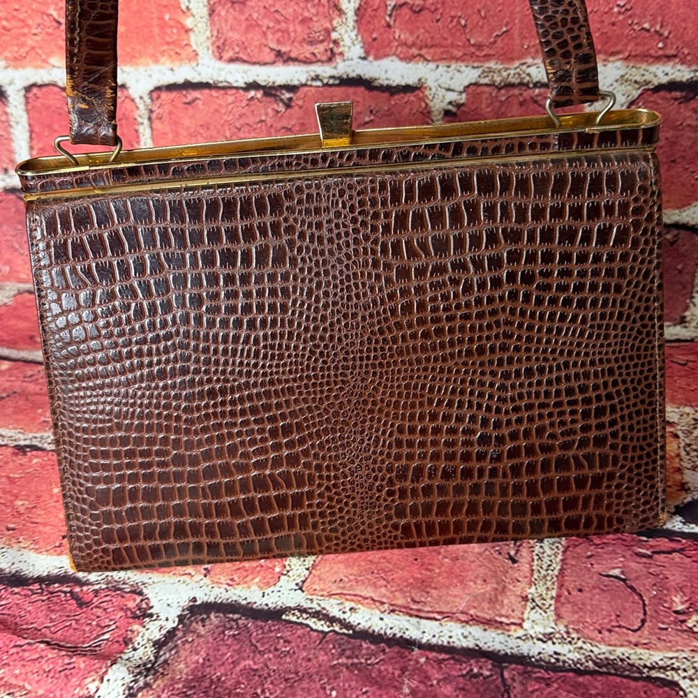 Vintage 1950s–1960s Brown Croc-Embossed Top Handle Frame Handbag - Picture 3 of 13